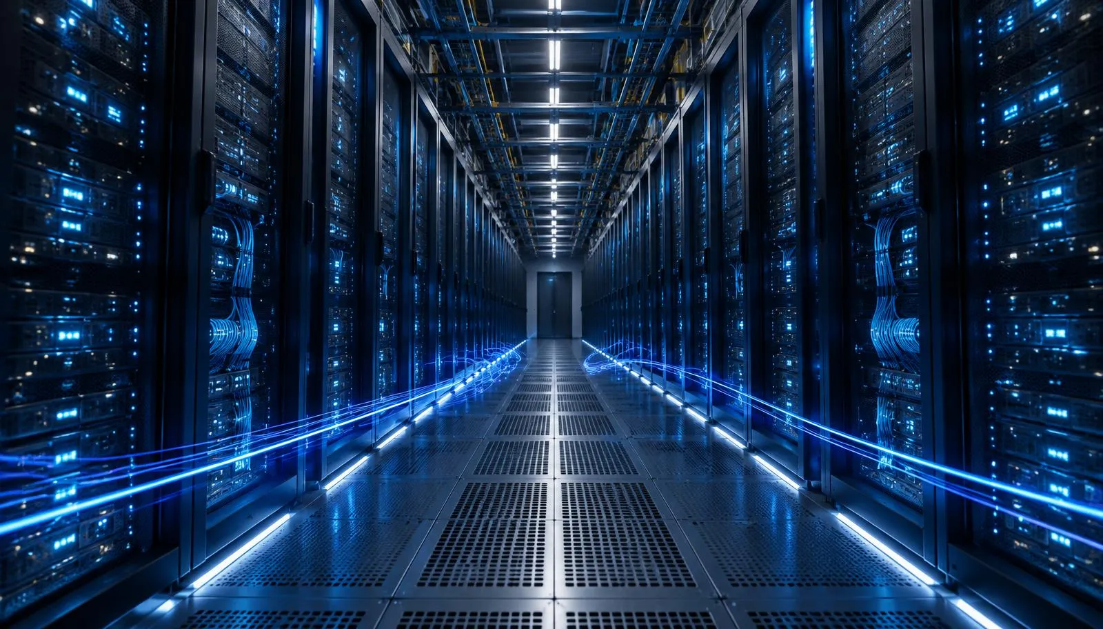 Enterprise data centre vault with towering server racks and glowing blue replication streams running along the aisle.