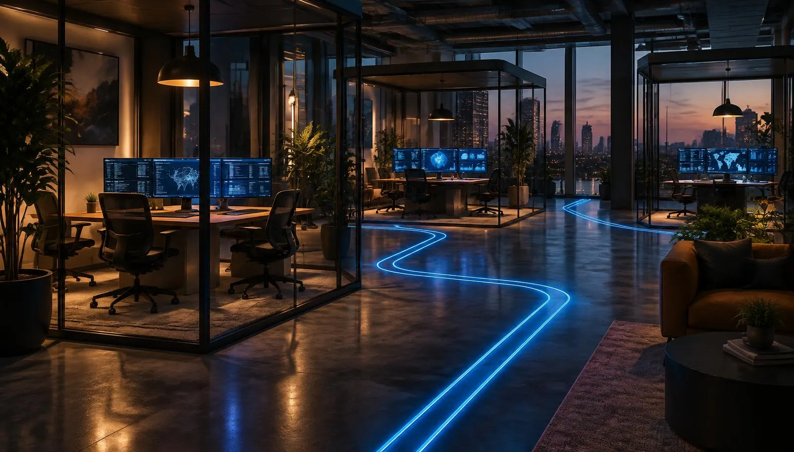 Contemporary engineering studio at dusk with glass-partitioned delivery pods connected by glowing blue pipeline tracks.
