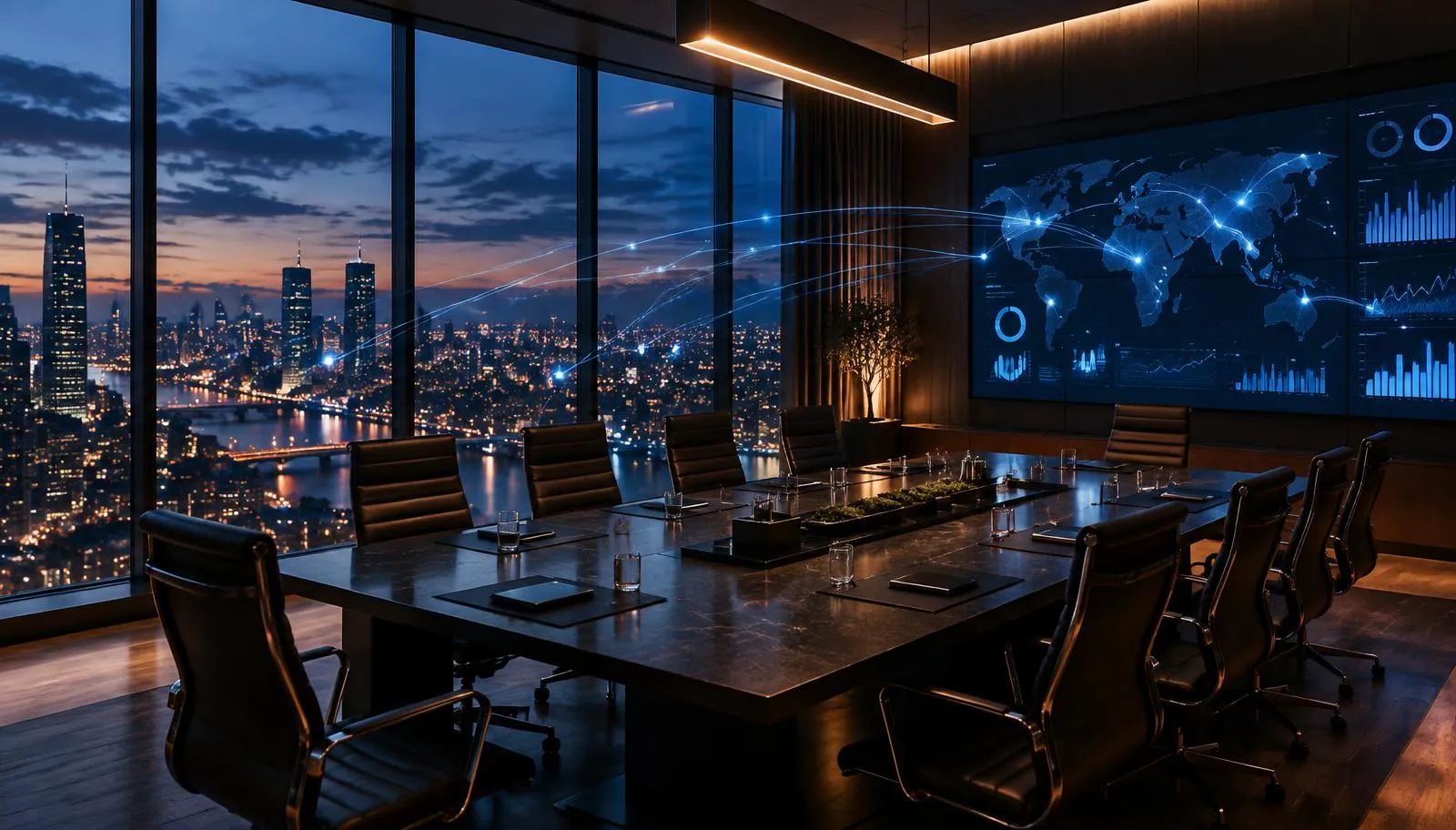 Executive boardroom at blue hour with a city view and glowing blue reporting data lines converging on one wall display.