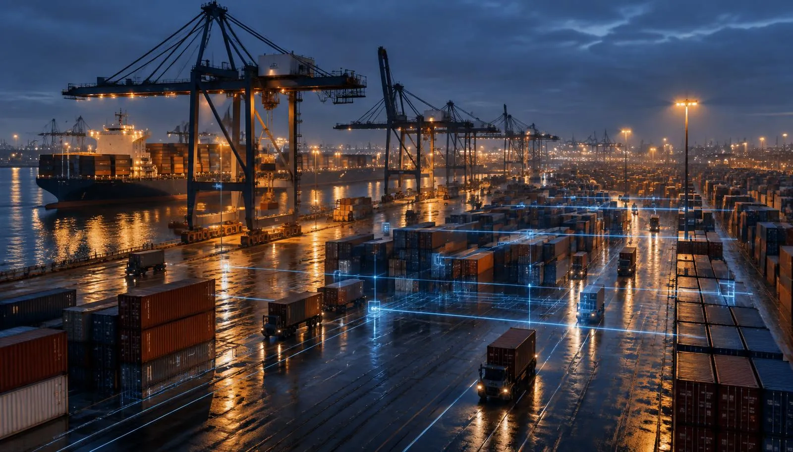 Intermodal container terminal at blue hour with gantry cranes and glowing blue scan-tracking lines across the freight yard.