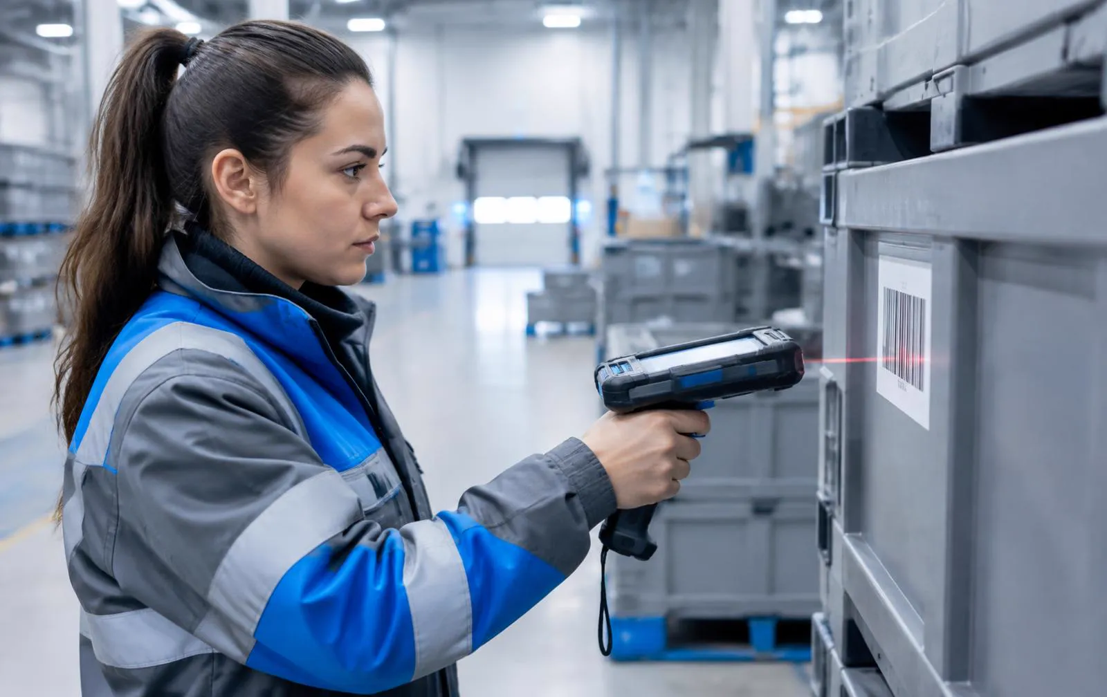 Warehouse specialist scanning cargo container barcode with handheld terminal.