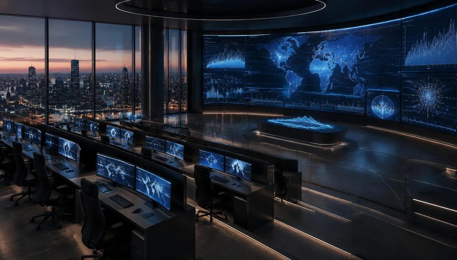 Enterprise analytics operations centre at twilight with a panoramic wall of layered blue analytical displays.