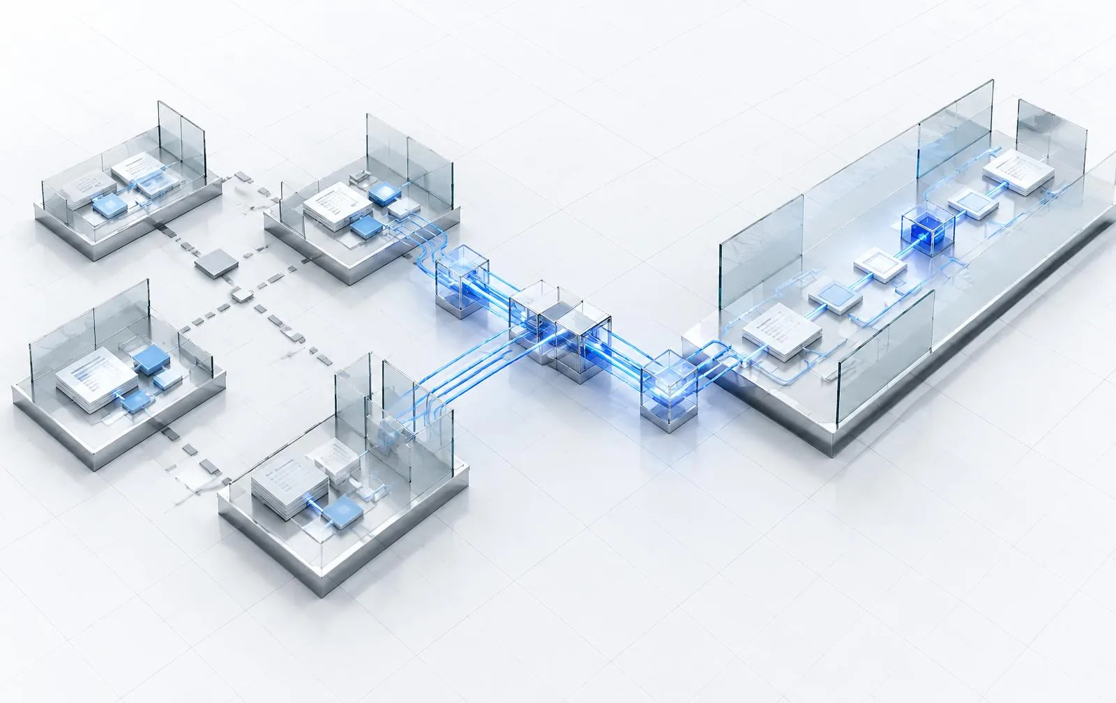 Separate business workflows joining into one connected process through an electric-blue digital pathway.