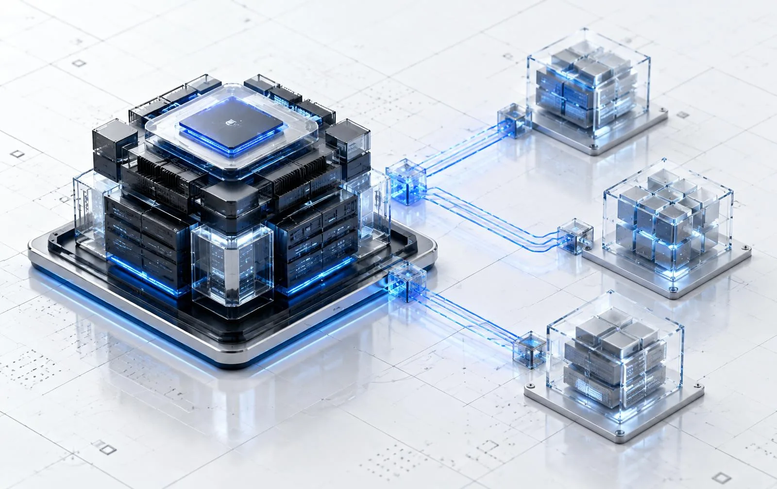 An in-house platform core linked to modular engineering capabilities through controlled digital connections.