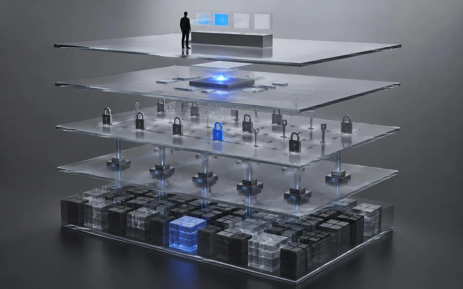 Layered system architecture from data through interfaces and permissions to an intelligence layer with human oversight.