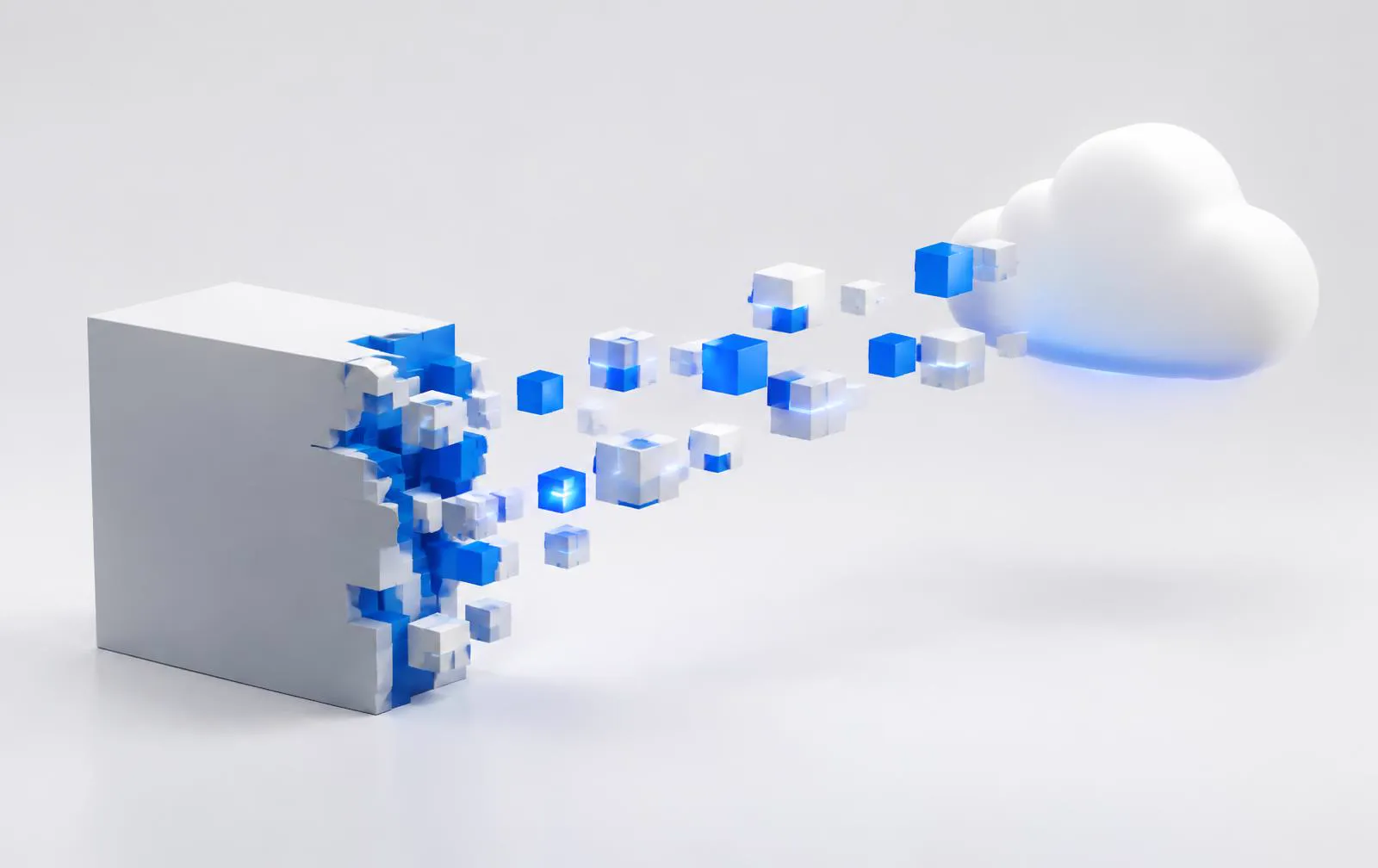 Software evolution concept showing monolithic application converting into modular cloud API microservices.