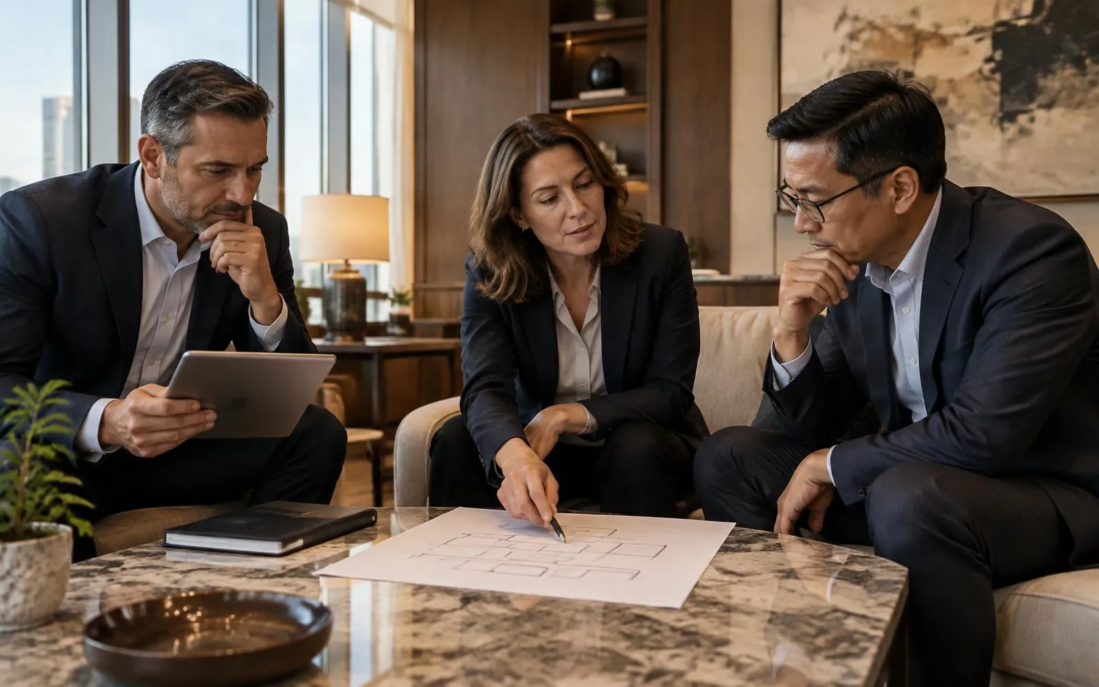 Executive leadership reviewing a process map and investment decision in a premium lounge.