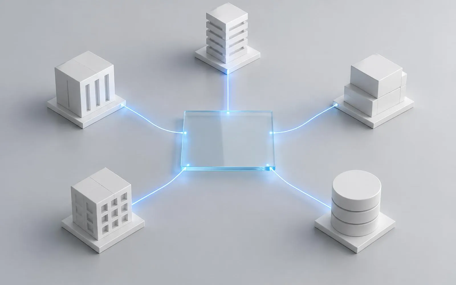Architectural abstraction of five separate information systems with connections converging toward one central business view.