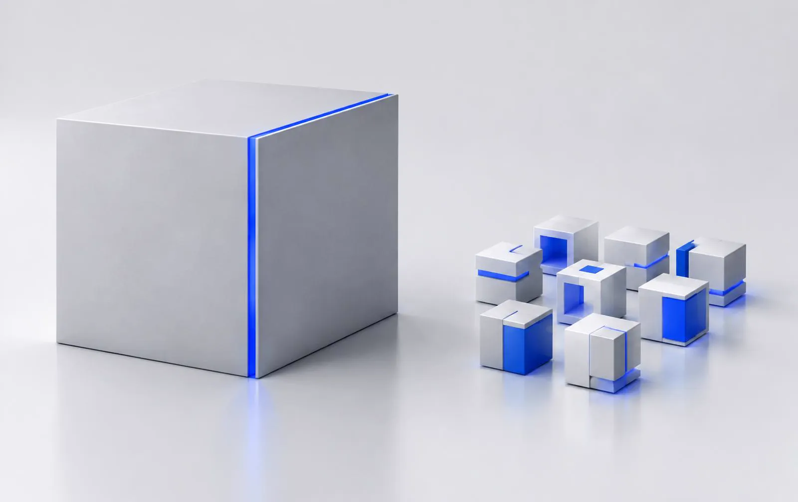 Conceptual 3D architectural rendering contrasting monolithic ERP systems with modular custom applications.