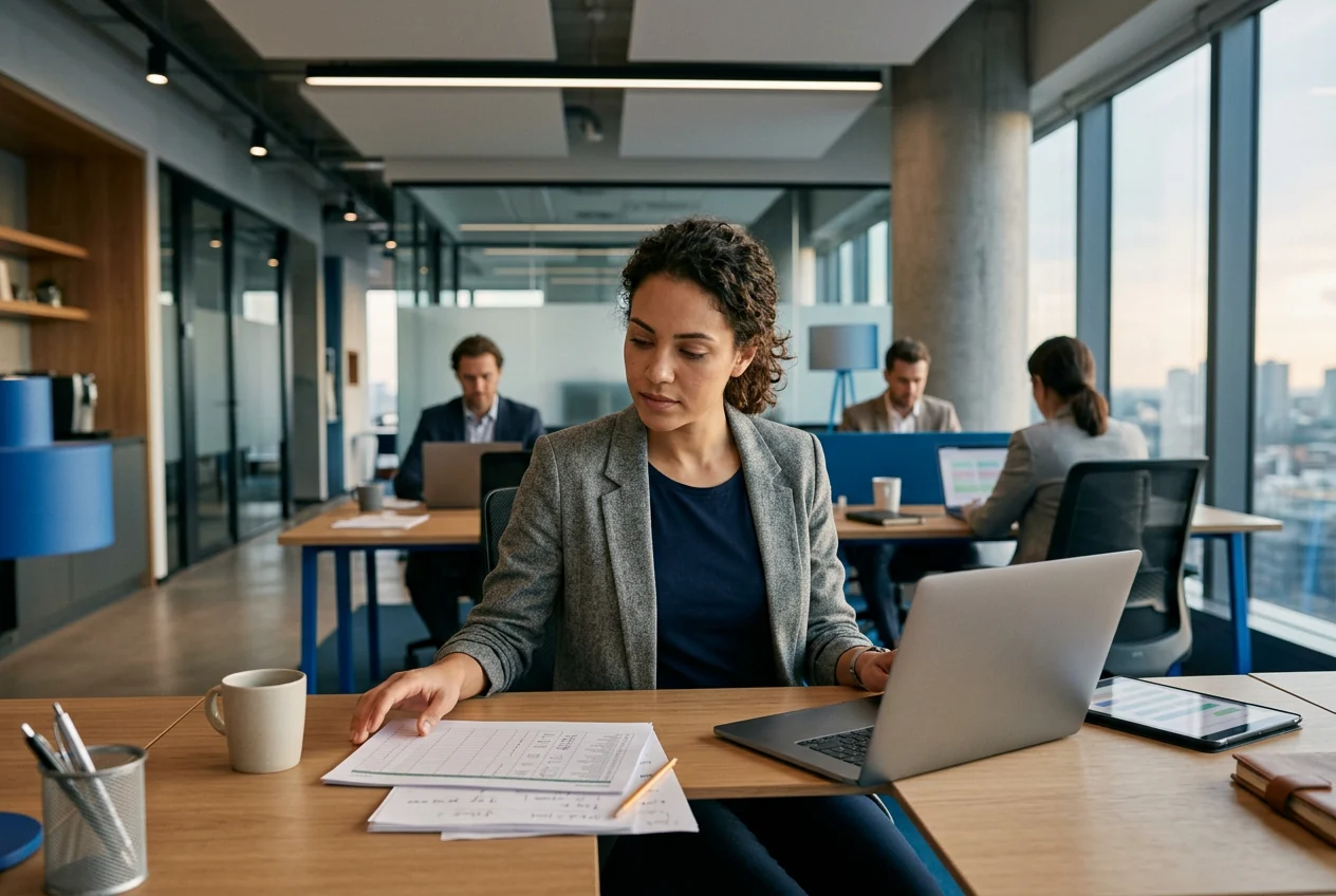 Operations coordinator reviewing a printed spreadsheet beside a laptop in a workplace.