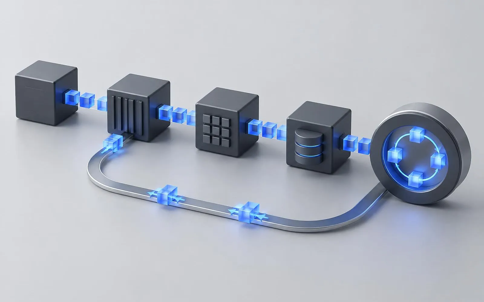 Architectural abstraction of processing stages with event packets, a retry loop and a reconciliation ring.