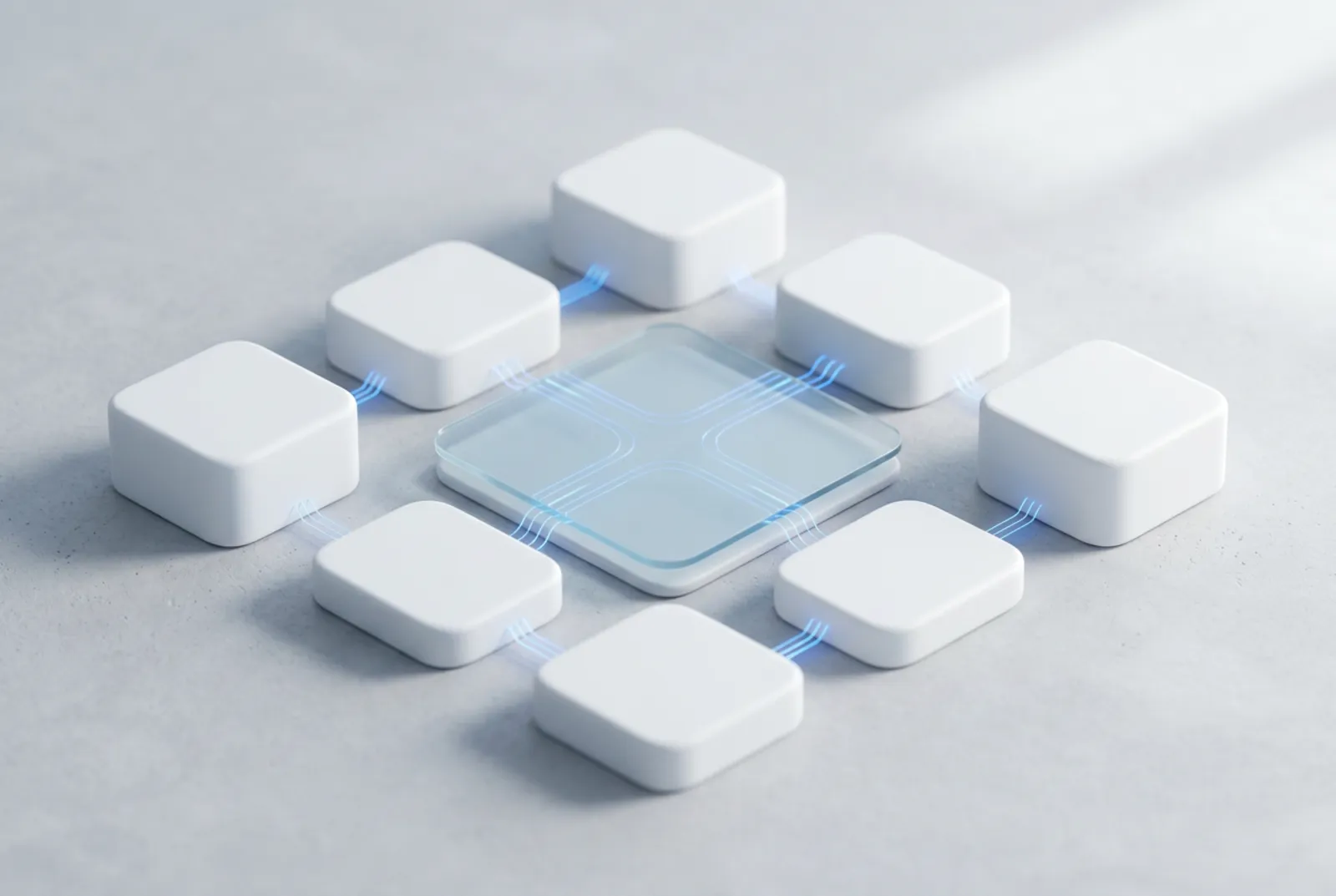 Abstract financial-service domains connected through a central controlled platform layer.