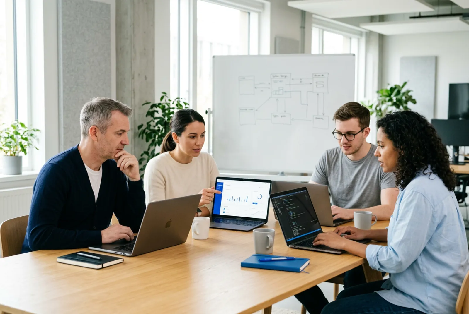 Fintech product and engineering leads reviewing a financial app and architecture sketch together.