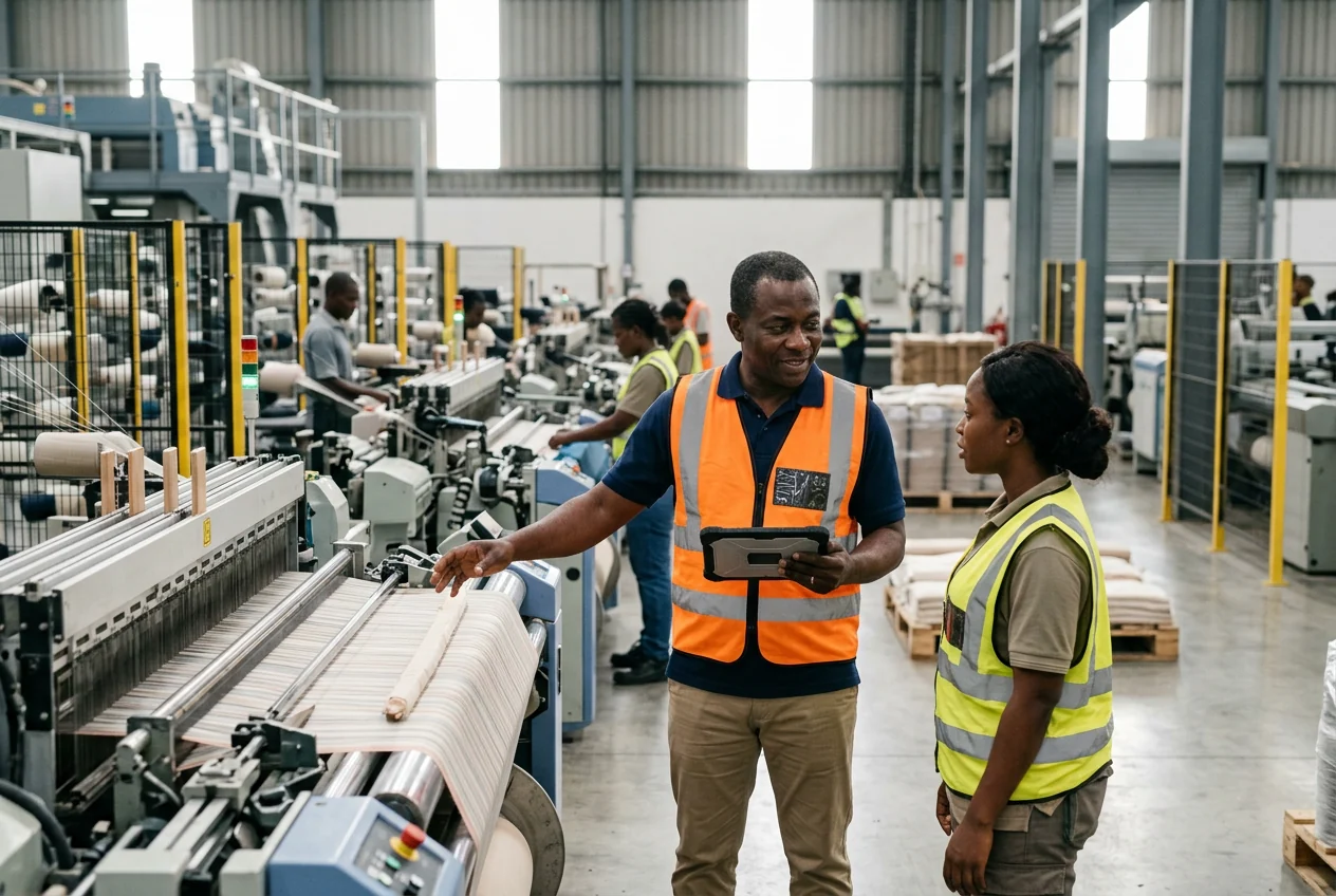 Manufacturing leaders discussing production beside machinery on a factory floor.