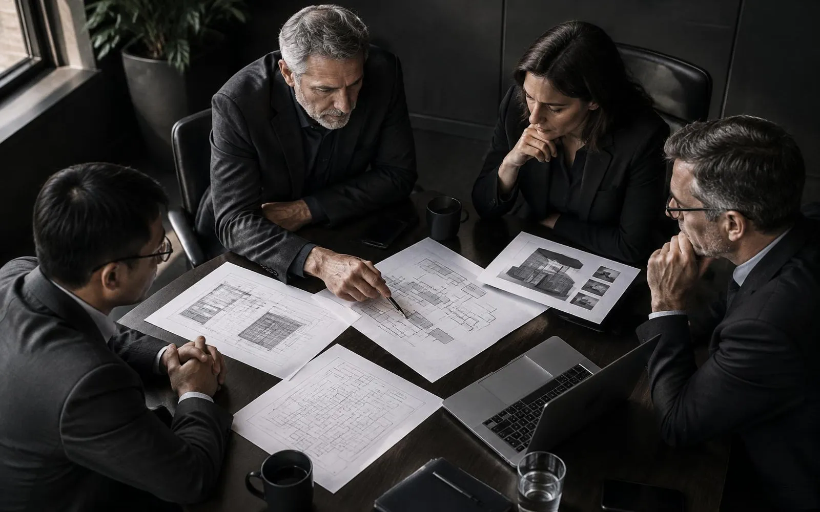 Senior technical leaders scrutinising architecture diagrams during partner due diligence.