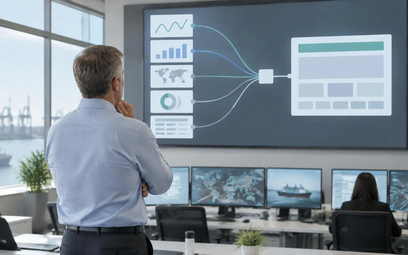 Operations leader watching several source-data panels converge into one structured reporting view.